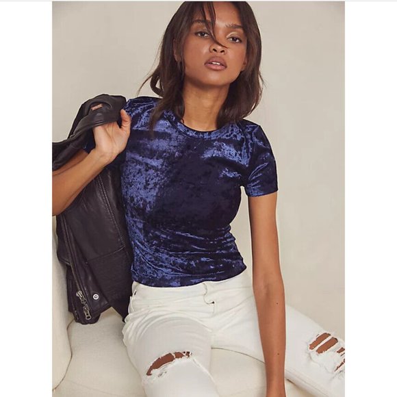 NWOT Free People Intimately Crushed Velvet Baby Tee Top Midnight Dark - Picture 1 of 5